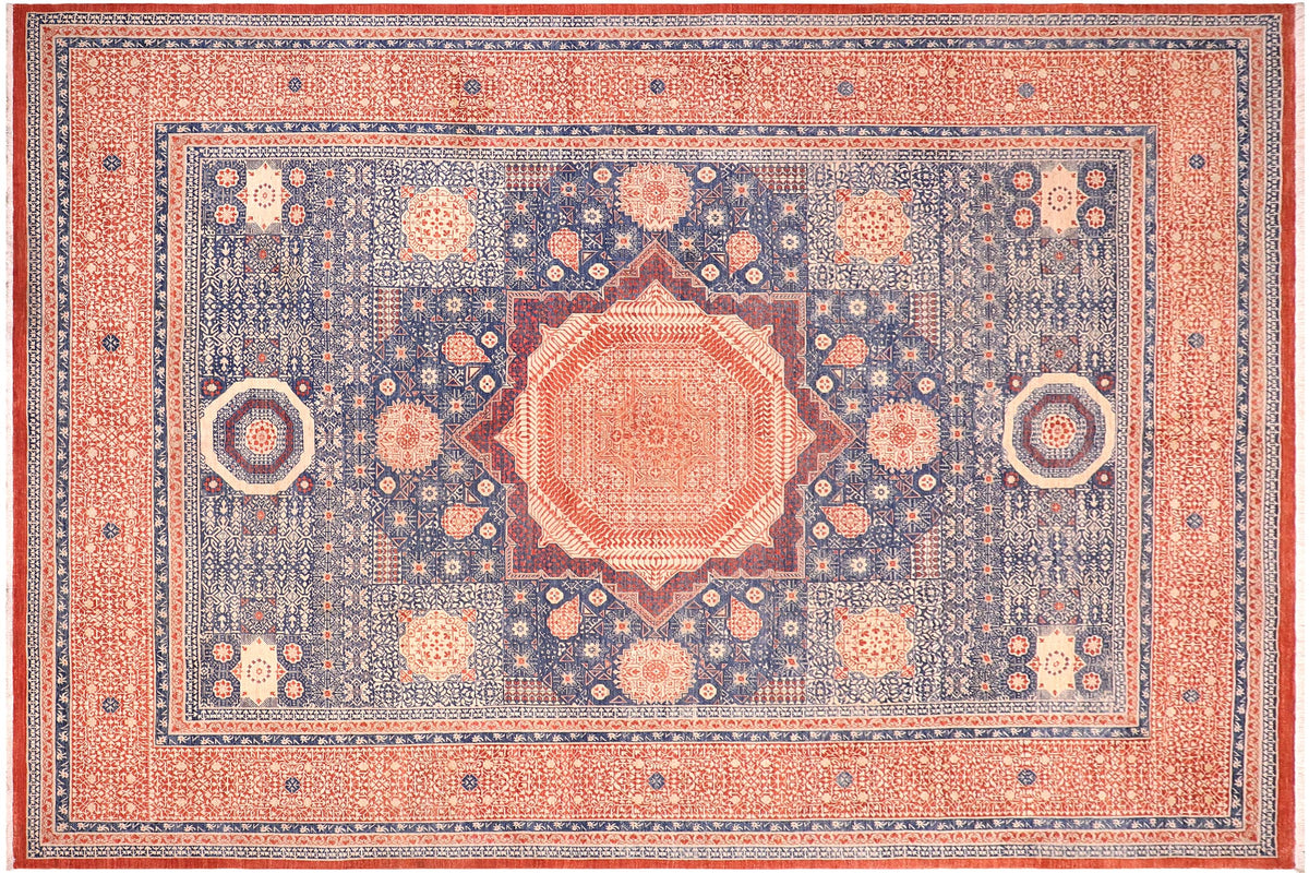 10x14 hand knotted Mamluk wool rug in rust and blue - Tribal Mamluk Ron