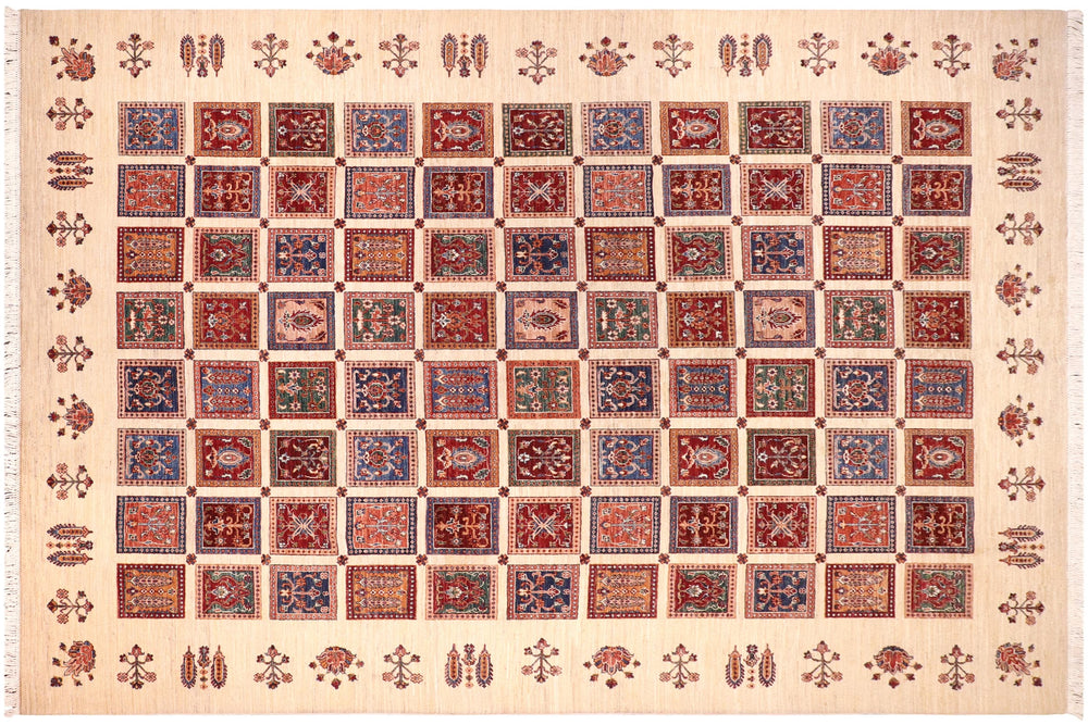 handmade Geometric Kurjean Ivory Lt. Gold Hand Knotted RECTANGLE 100% WOOL area rug 9x12