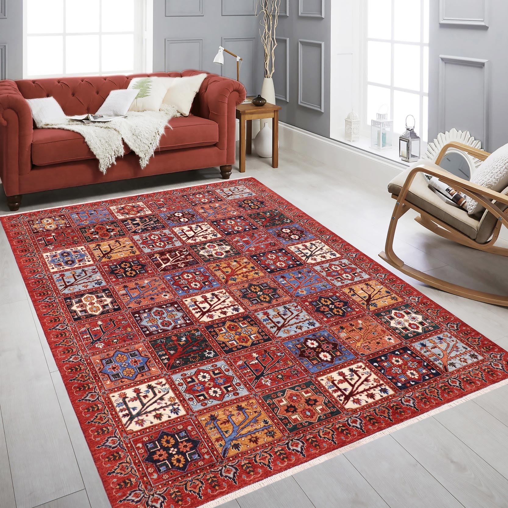 handmade Geometric Kafkaz Rust Blue Hand Knotted RECTANGLE 100% WOOL area rug 9' x 12'