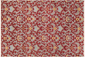 6x9 hand knotted modern wool rug in red and blue - Chic Rosalee