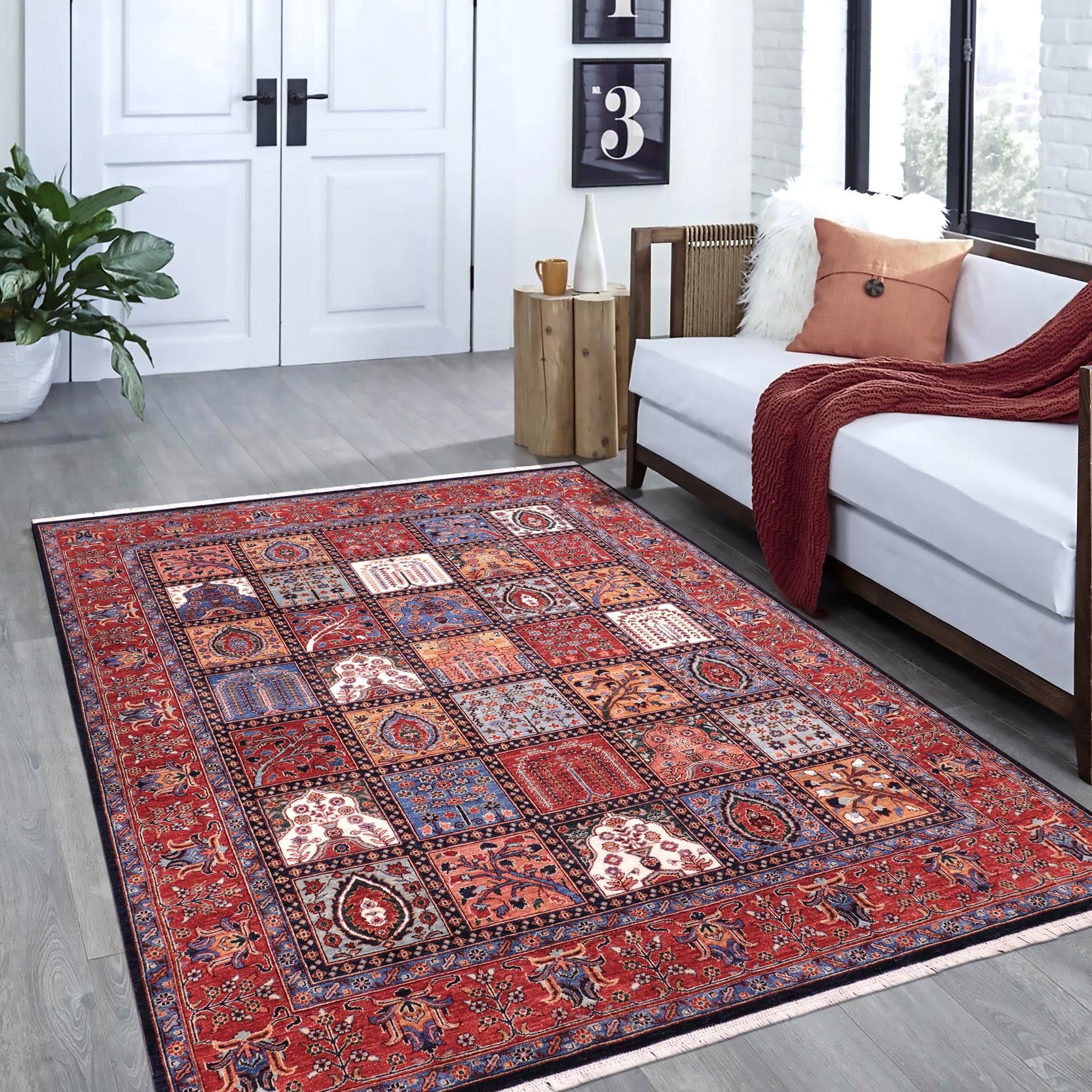 handmade Geometric Kafkaz Blue Rust Hand Knotted RECTANGLE 100% WOOL area rug 8' x 10'