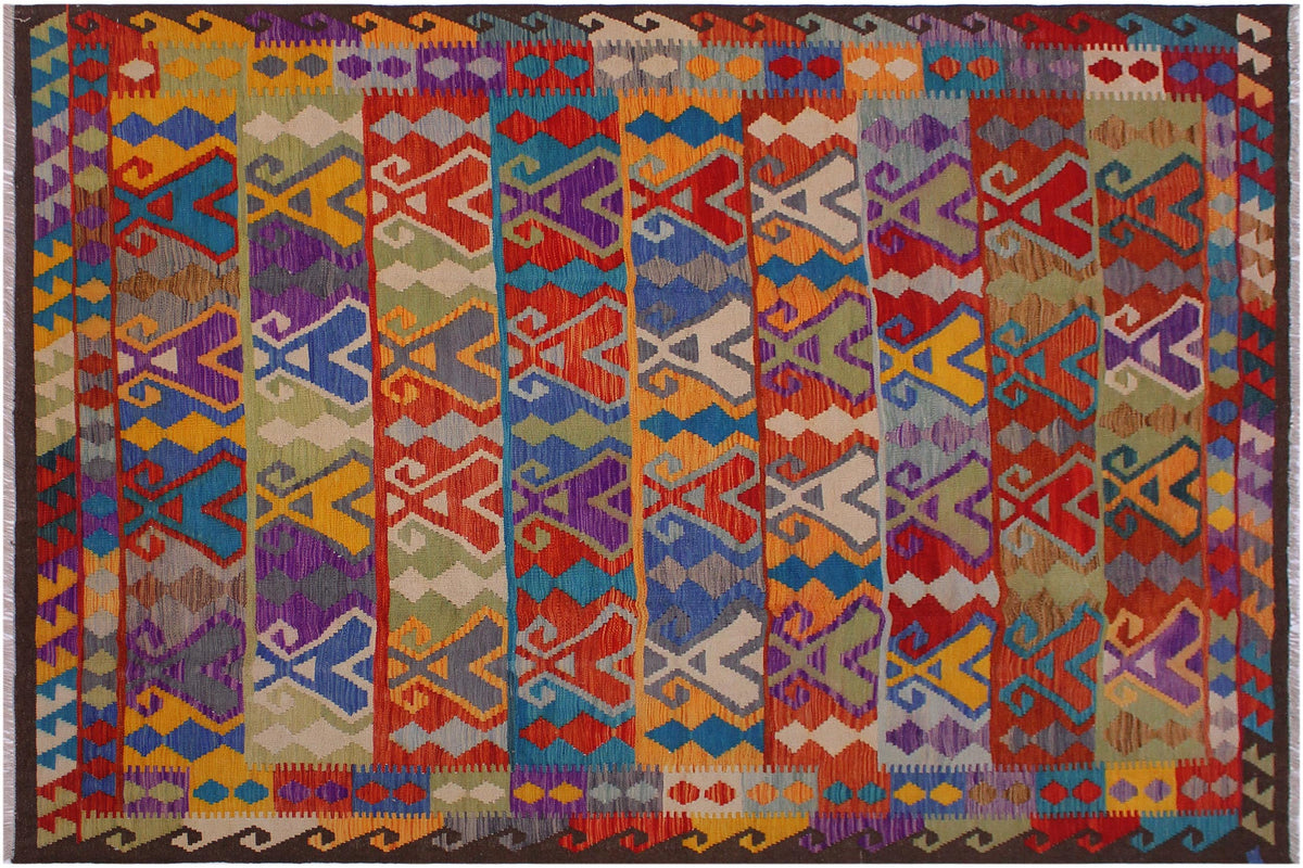 6x10 hand woven Turkish Kilim wool rug in red and brown - Rustic Cassius Turkish