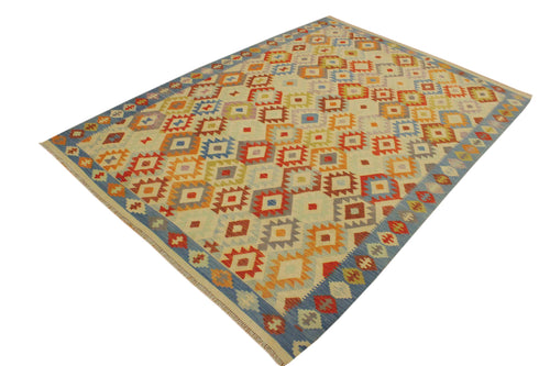 handmade Geometric Kilim Ivory Blue Hand-Woven RECTANGLE 100% WOOL area rug 7 x 10