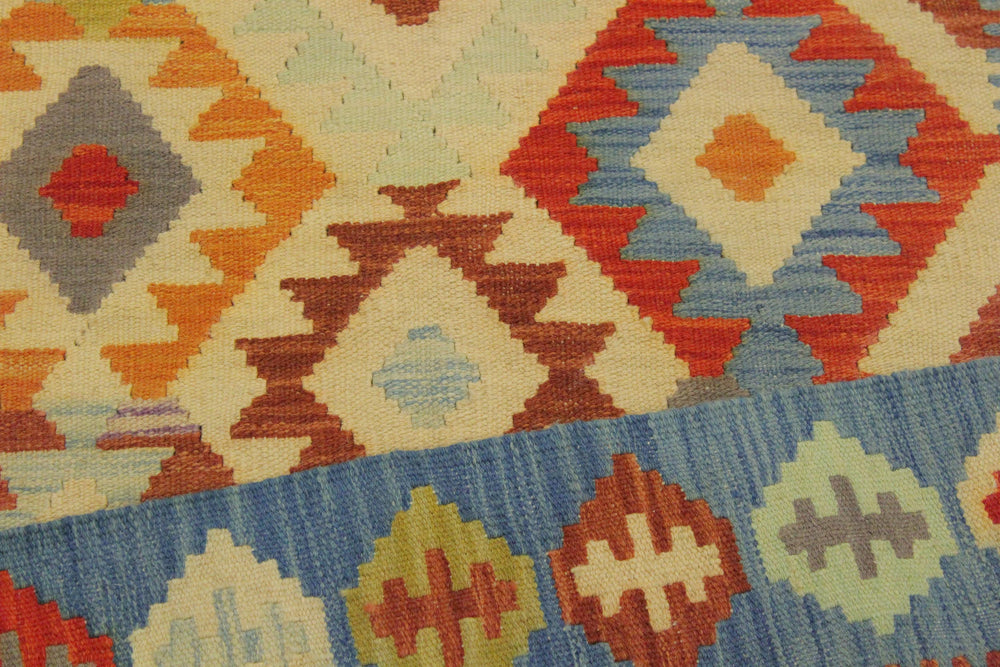 handmade Geometric Kilim Ivory Blue Hand-Woven RECTANGLE 100% WOOL area rug 7 x 10