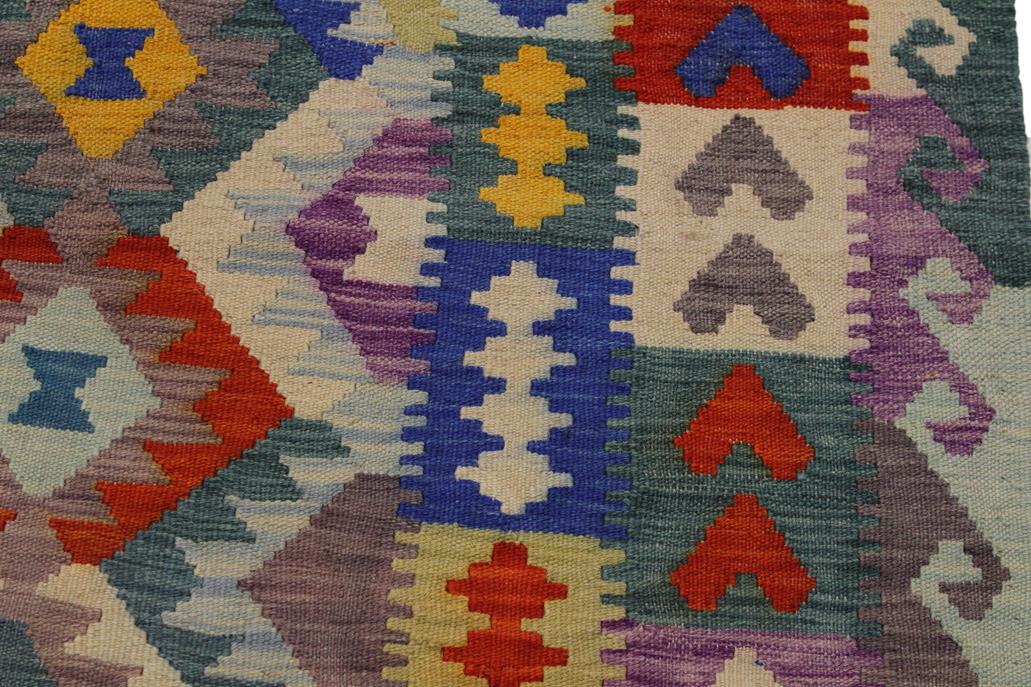 Flat Weave Kilim Antique Navaho Vintage handmade Geometric Kilim Ivory Blue Hand-Woven Rectangle 100% Wool Area Rug 5x6 