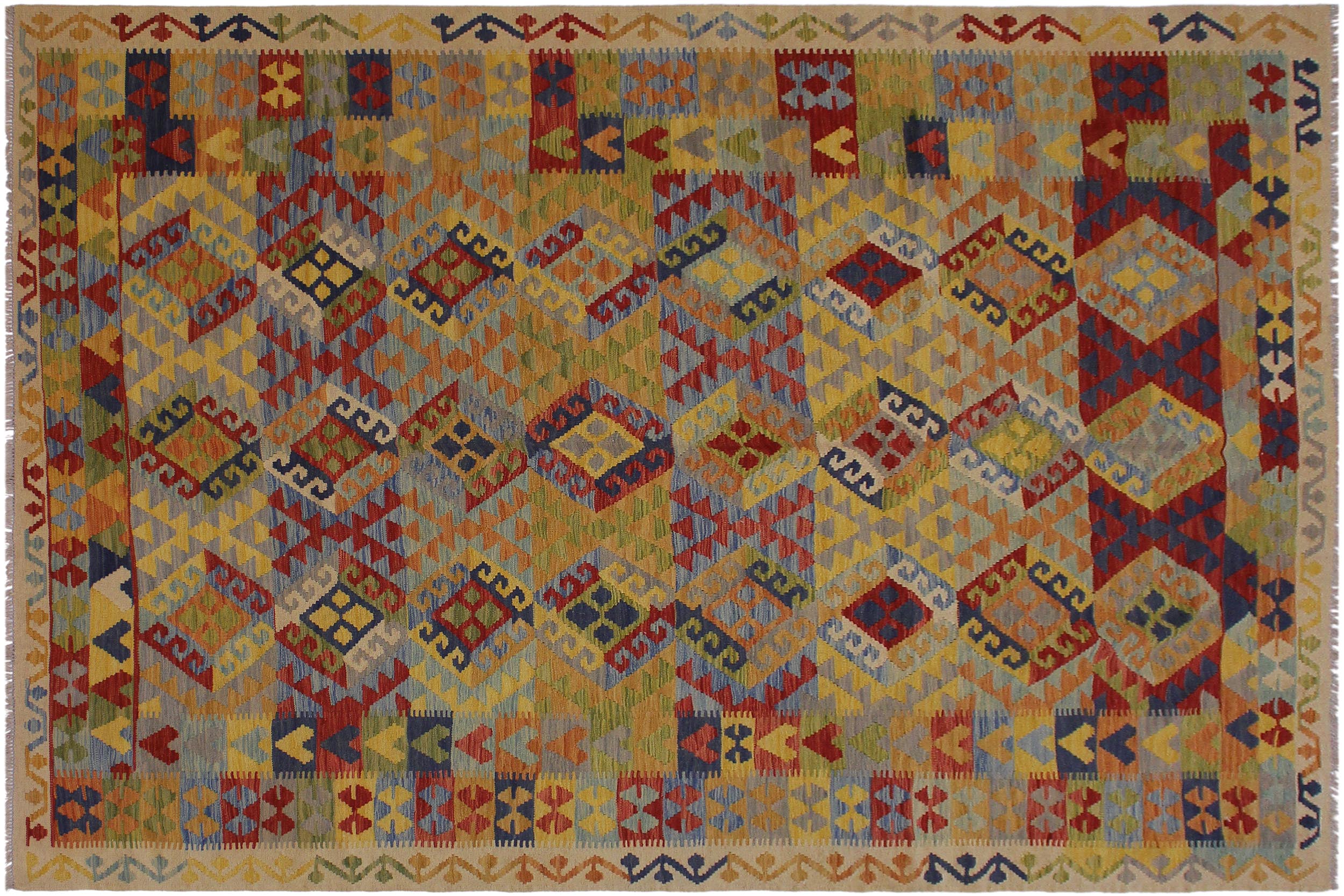 handmade Geometric Kilim Ivory Blue Hand-Woven RECTANGLE 100% WOOL area rug 7 x 10