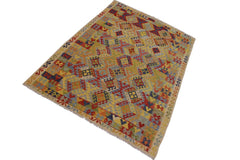 Flat Weave Kilim Antique Navaho Vintage handmade Geometric Kilim Ivory Blue Hand-Woven Rectangle 100% Wool Area Rug 7x10 