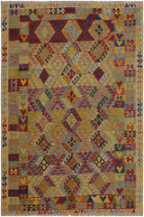 Flat Weave Kilim Antique Navaho Vintage handmade Geometric Kilim Ivory Blue Hand-Woven Rectangle 100% Wool Area Rug 7x10 