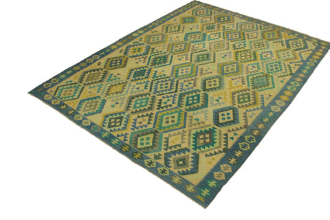 handmade Geometric Kilim Blue Tan Hand-Woven RECTANGLE 100% WOOL area rug 8 x 11