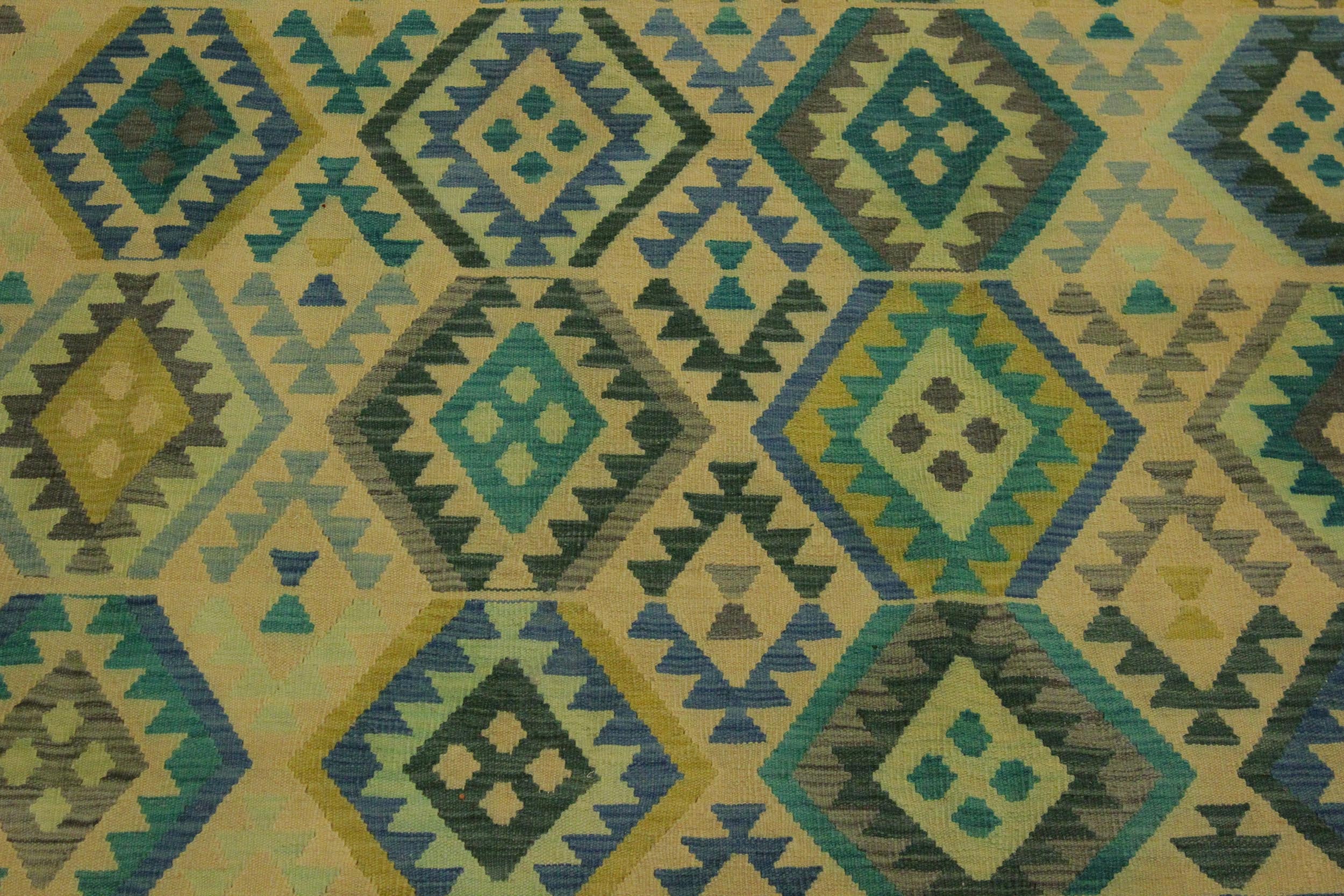 handmade Geometric Kilim Blue Tan Hand-Woven RECTANGLE 100% WOOL area rug 8 x 11