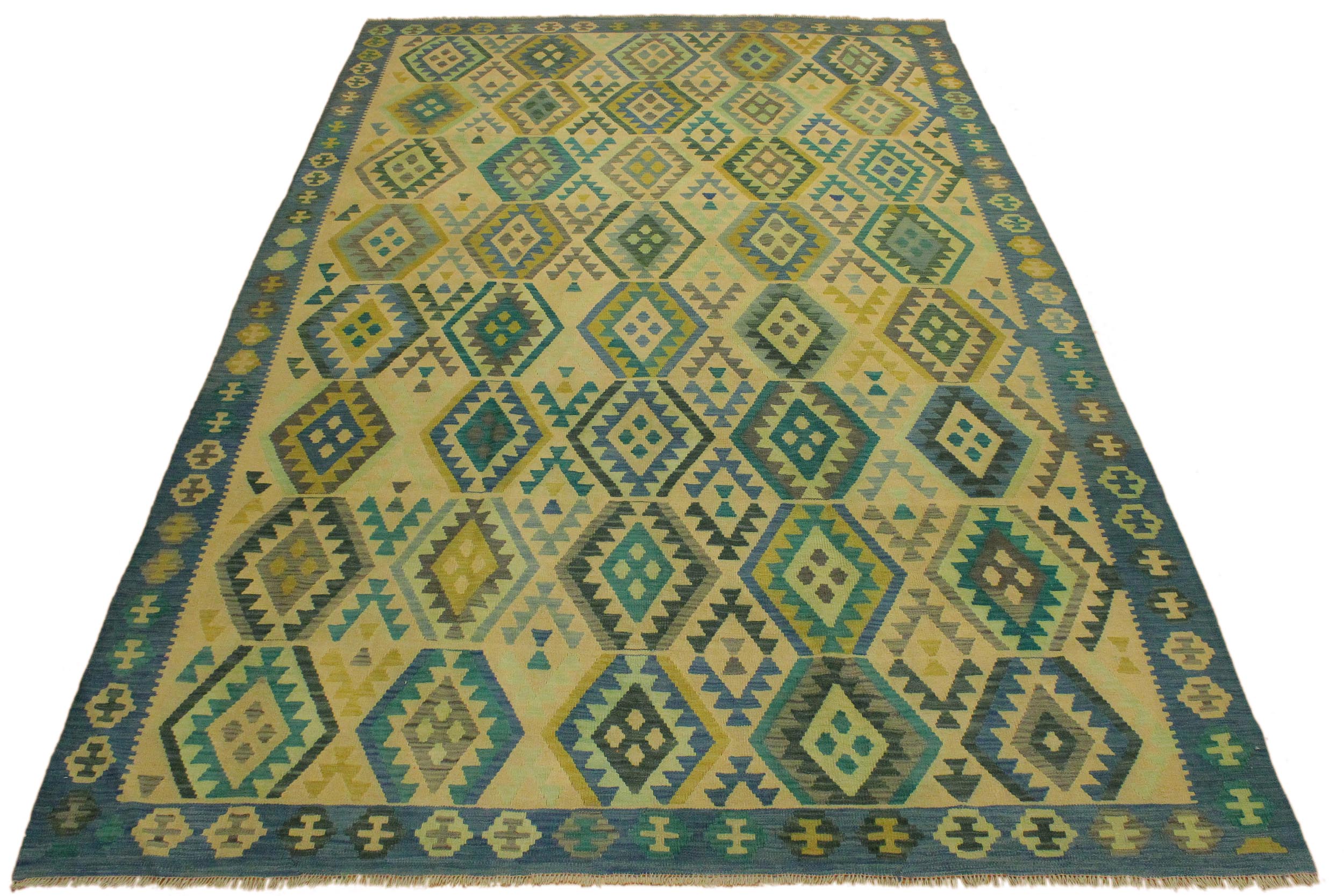 handmade Geometric Kilim Blue Tan Hand-Woven RECTANGLE 100% WOOL area rug 8 x 11
