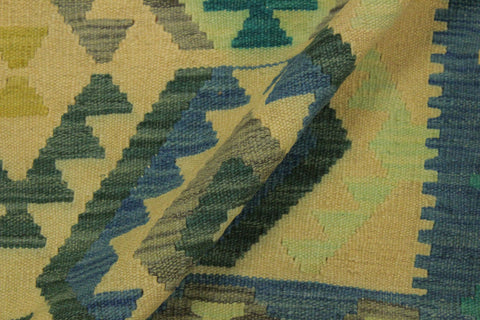 handmade Geometric Kilim Blue Tan Hand-Woven RECTANGLE 100% WOOL area rug 8 x 11