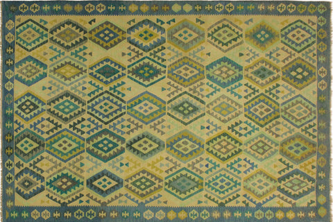 handmade Geometric Kilim Blue Tan Hand-Woven RECTANGLE 100% WOOL area rug 8 x 11