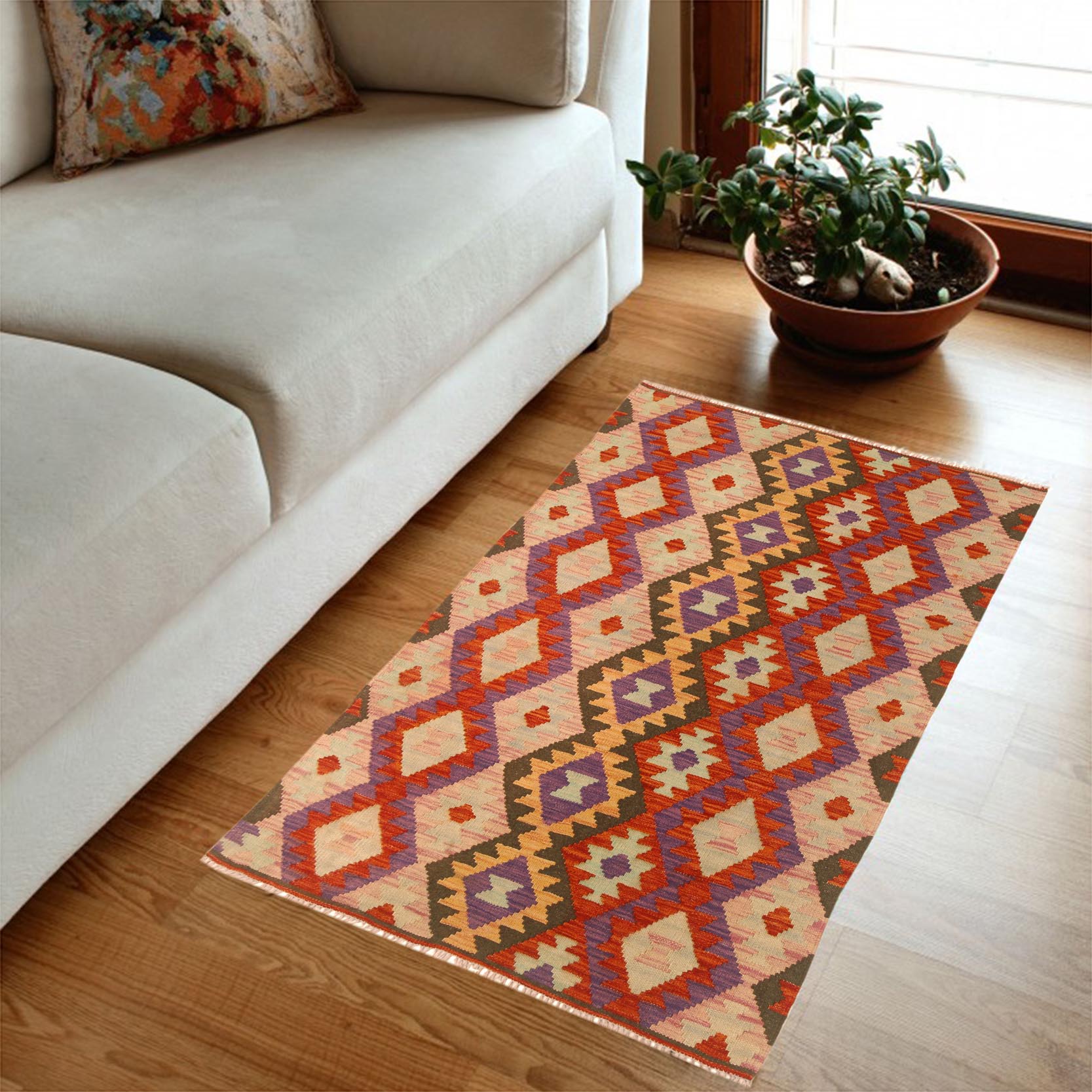 handmade Geometric Kilim Red Pink Hand-Woven RECTANGLE 100% WOOL area rug 3 x 5