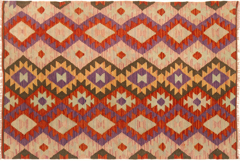 handmade Geometric Kilim Red Pink Hand-Woven RECTANGLE 100% WOOL area rug 3 x 5