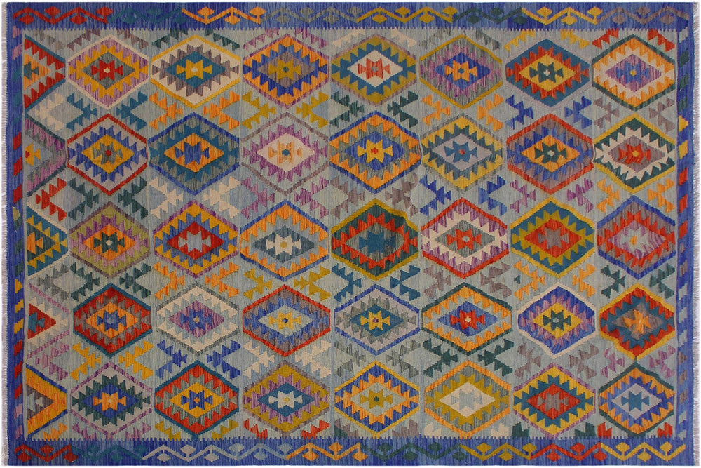 handmade Geometric Kilim Lt. Blue Teal Hand-Woven RECTANGLE 100% WOOL area rug 7 x 10