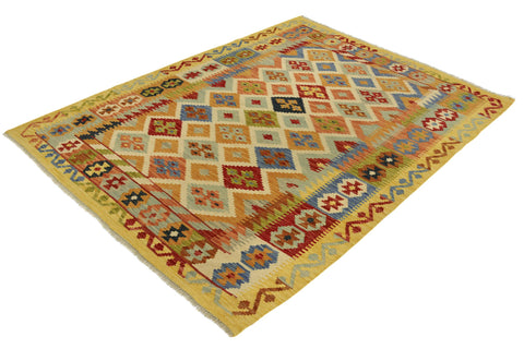 handmade Geometric Kilim Ivory Gold Hand-Woven RECTANGLE 100% WOOL area rug 5x6