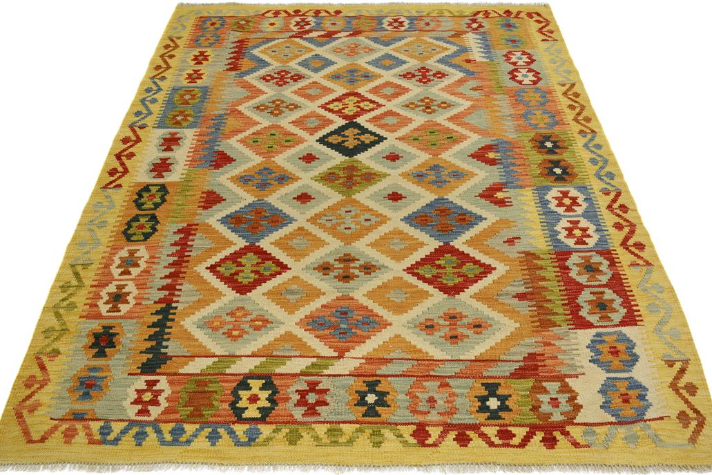 Flat Weave Kilim Antique Navaho Vintage handmade Geometric Kilim Ivory Gold Hand-Woven Rectangle 100% Wool Area Rug 5x6 