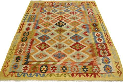 handmade Geometric Kilim Ivory Gold Hand-Woven RECTANGLE 100% WOOL area rug 5x6