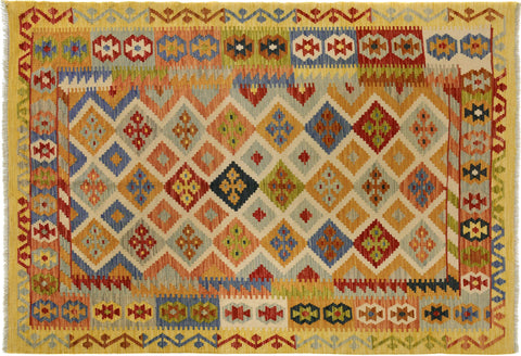 handmade Geometric Kilim Ivory Gold Hand-Woven RECTANGLE 100% WOOL area rug 5x6