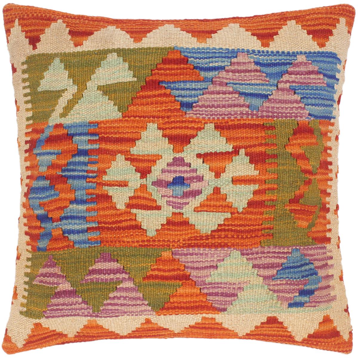 18x18 hand woven kilim throw pillow in rust, blue and beige - Shabby Chic Turkish Barney