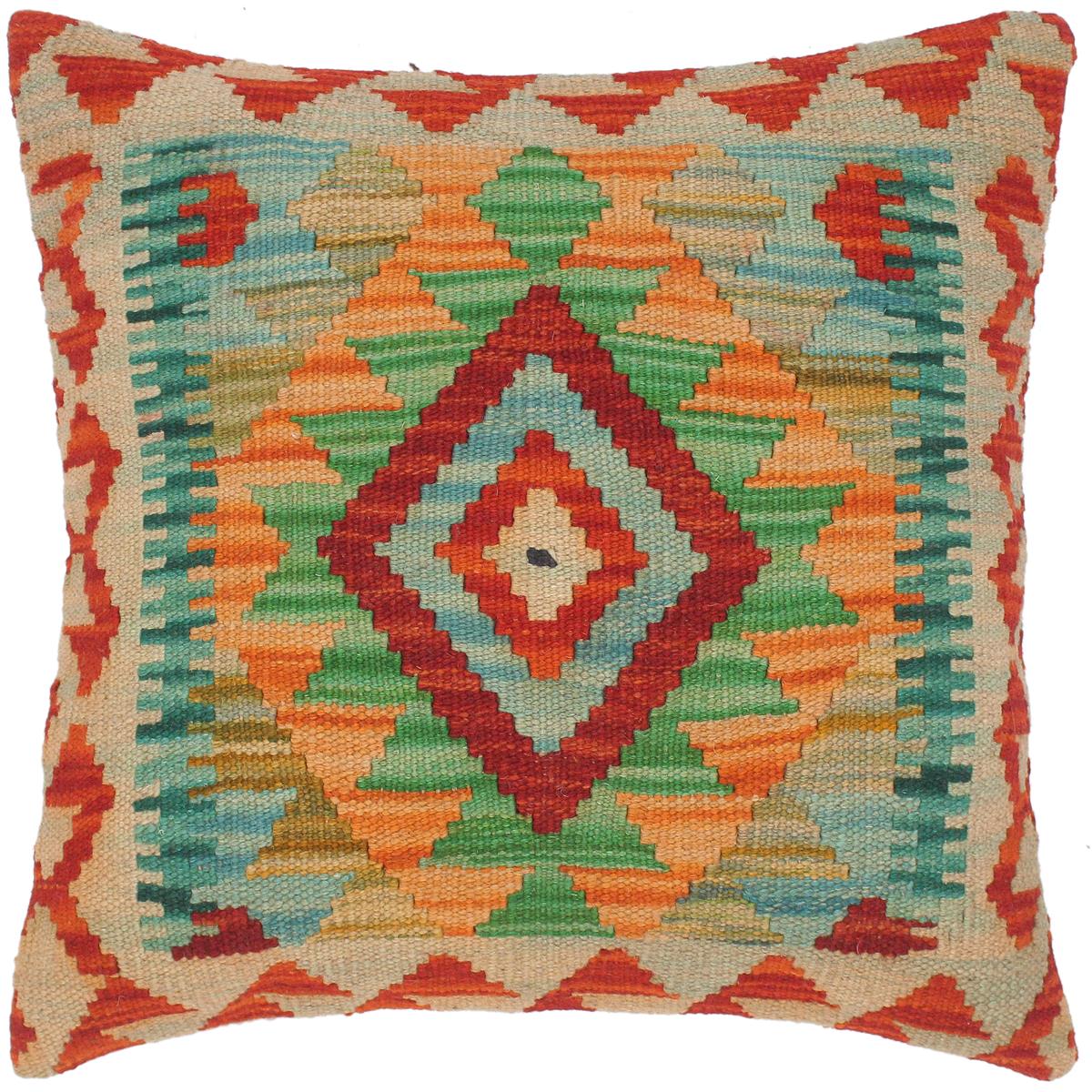 18x18 hand woven kilim throw pillow in rust, teal and beige - Tribal Turkish Alpha