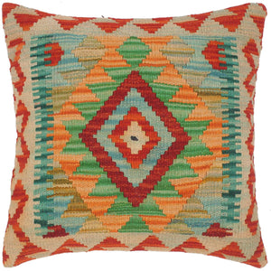 18x18 hand woven kilim throw pillow in rust, teal and beige - Tribal Turkish Alpha