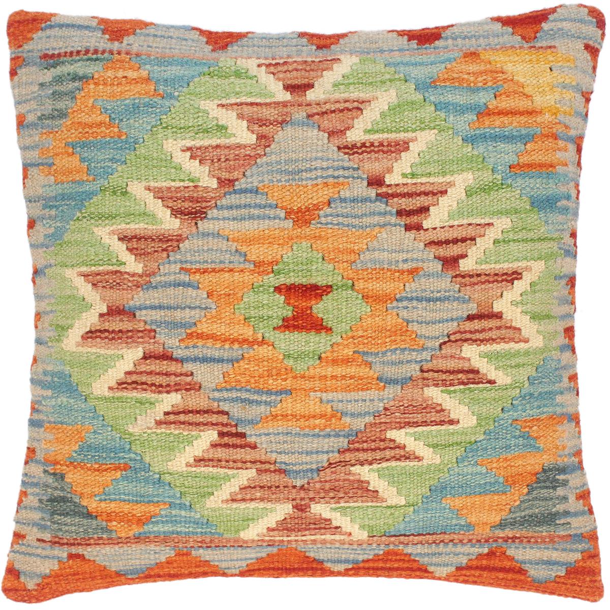 18x18 hand woven kilim throw pillow in red, blue and beige - Rustic Turkish Darcel
