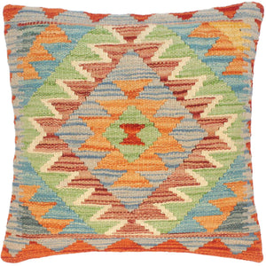 18x18 hand woven kilim throw pillow in red, blue and beige - Rustic Turkish Darcel