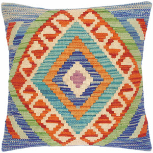 18x18 hand woven kilim throw pillow in blue, rust and green - Rustic Turkish Kathline