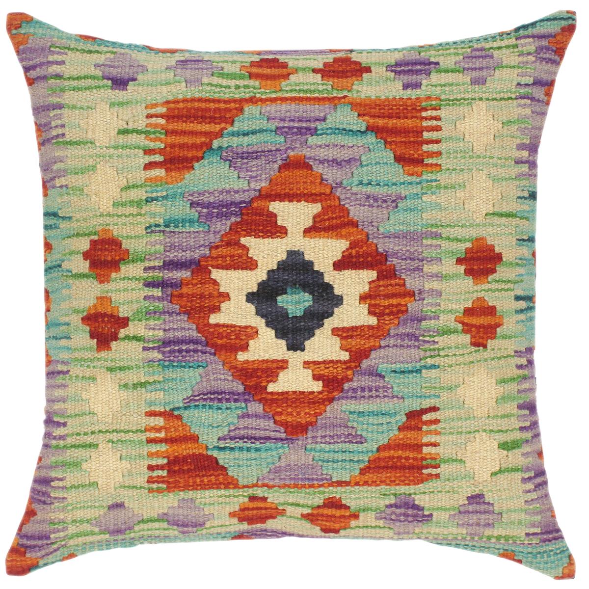 18x18 hand woven kilim throw pillow in rust, green and purple - Boho Chic Turkish Daria