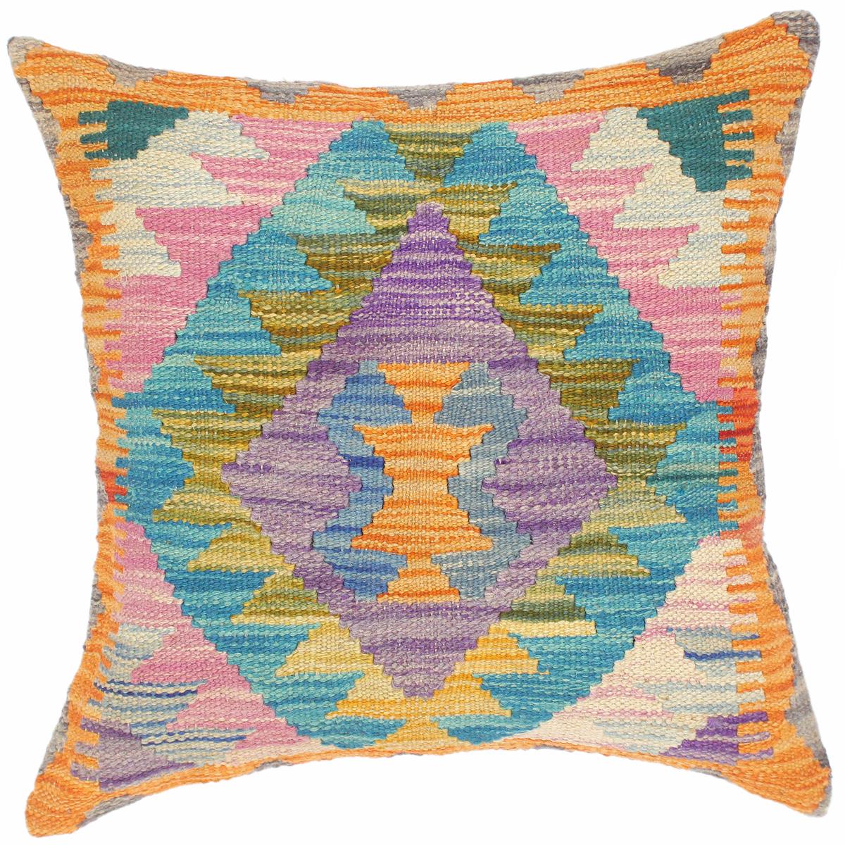 18x18 hand woven kilim throw pillow in purple, blue and orange - Shabby Chic Turkish Trudie