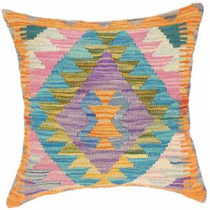 18x18 hand woven kilim throw pillow in purple, blue and orange - Shabby Chic Turkish Trudie