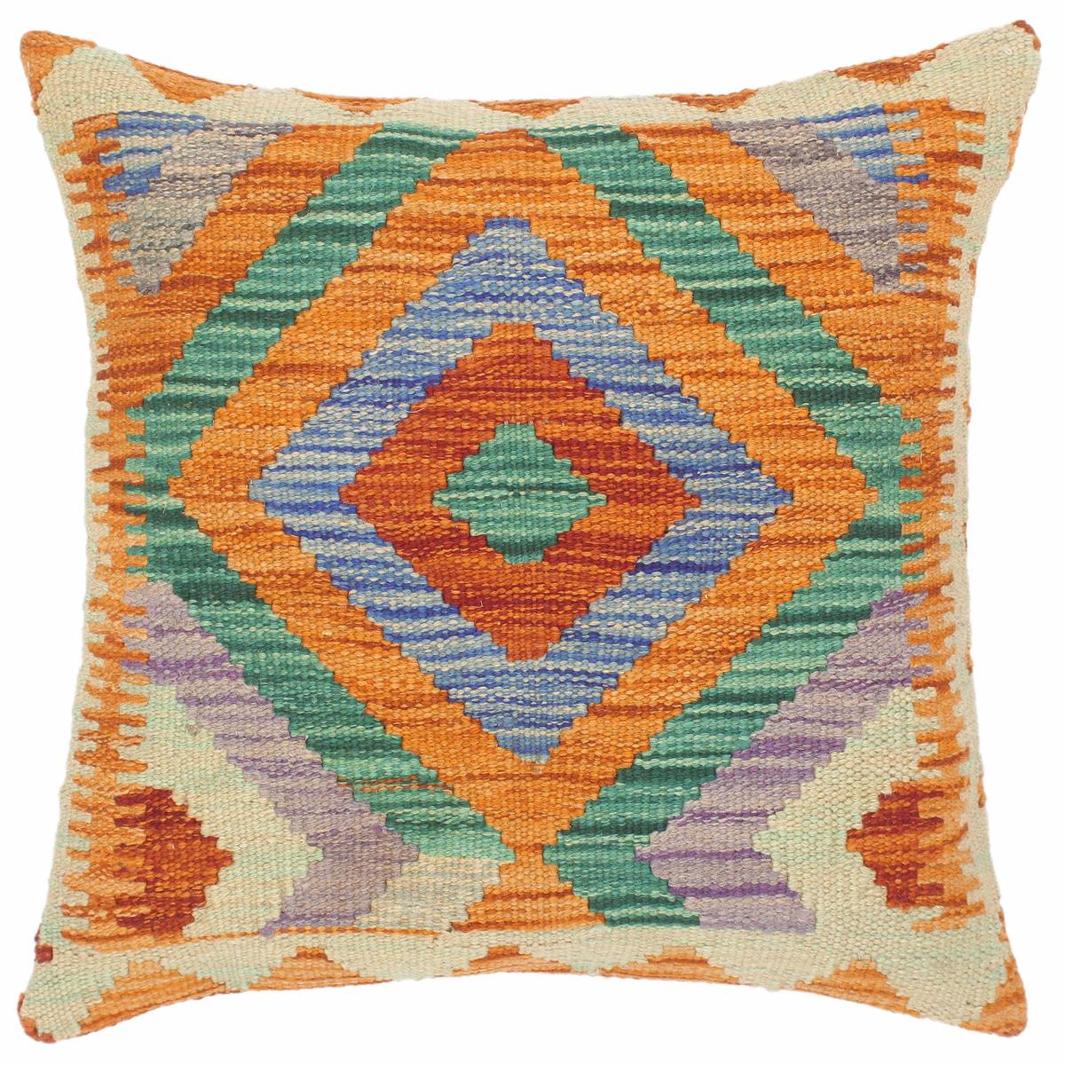 18x18 hand woven kilim throw pillow in rust, blue and green - Bohemian Turkish Shalonda
