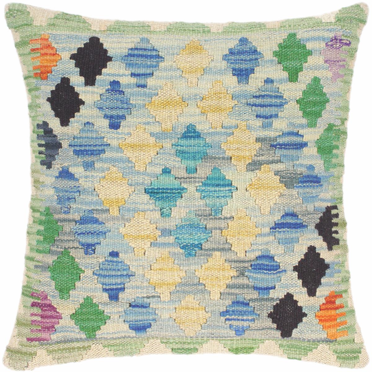 18x18 hand woven kilim throw pillow in blue, beige and green - Southwestern Turkish Sherise
