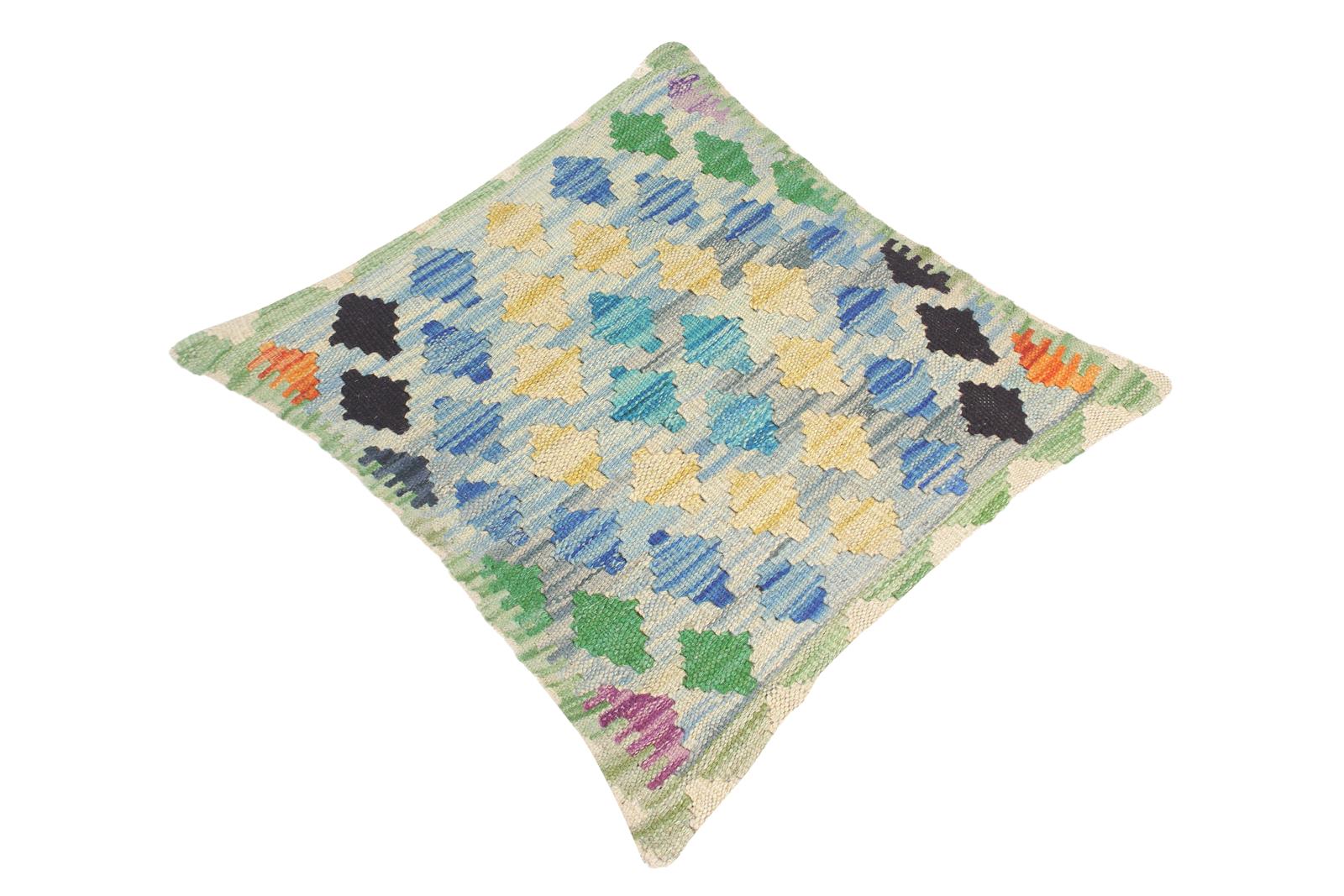 handmade Traditional Pillow Blue Beige Hand-Woven SQUARE 100% WOOL kilim throw pillow