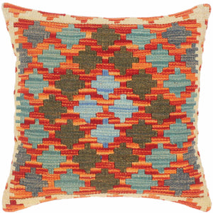 18x18 hand woven kilim throw pillow in rust, blue and gray - Geometric Turkish Timika