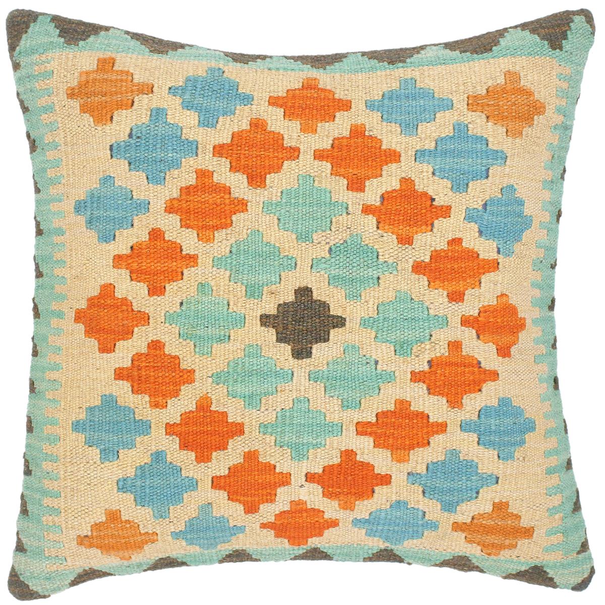 18x18 hand woven kilim throw pillow in beige, blue and orange - Boho Chic Turkish Lyndia