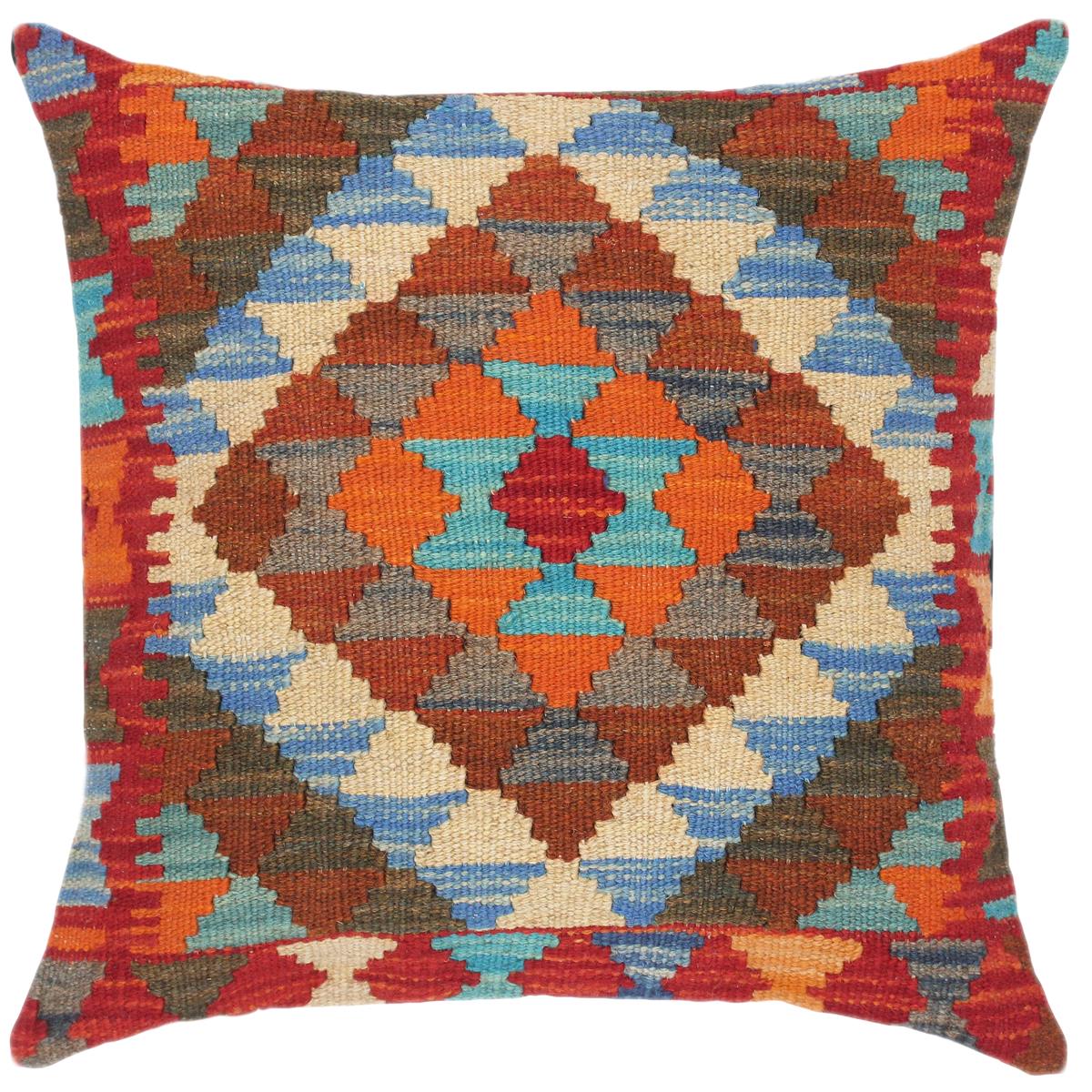 18x18 hand woven kilim throw pillow in red, gray and blue - Shabby Chic Turkish Geoffrey