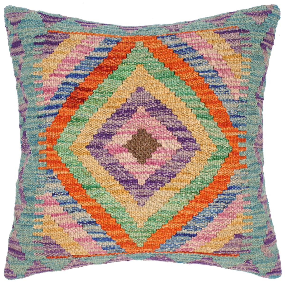 18x18 hand woven kilim throw pillow in blue, yellow and purple - Tribal Turkish Etsuko
