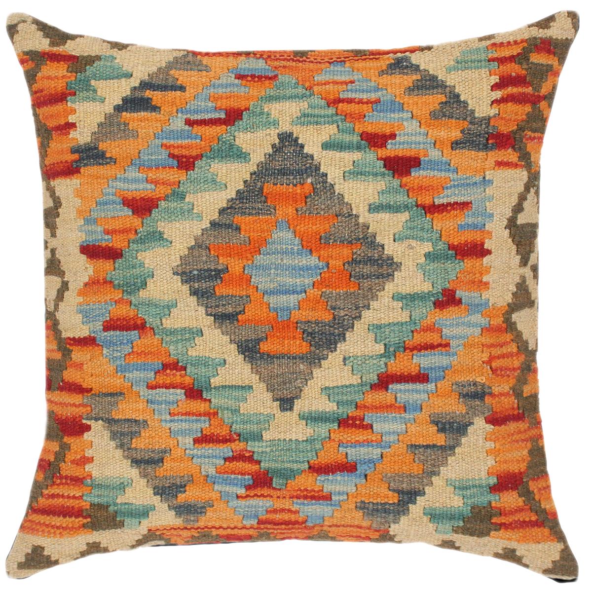 18x18 hand woven kilim throw pillow in rust, blue and beige - Southwestern Turkish Ninfa