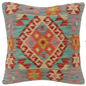 17x18 hand woven kilim throw pillow in red, blue and beige - Shabby Chic Turkish Hammond