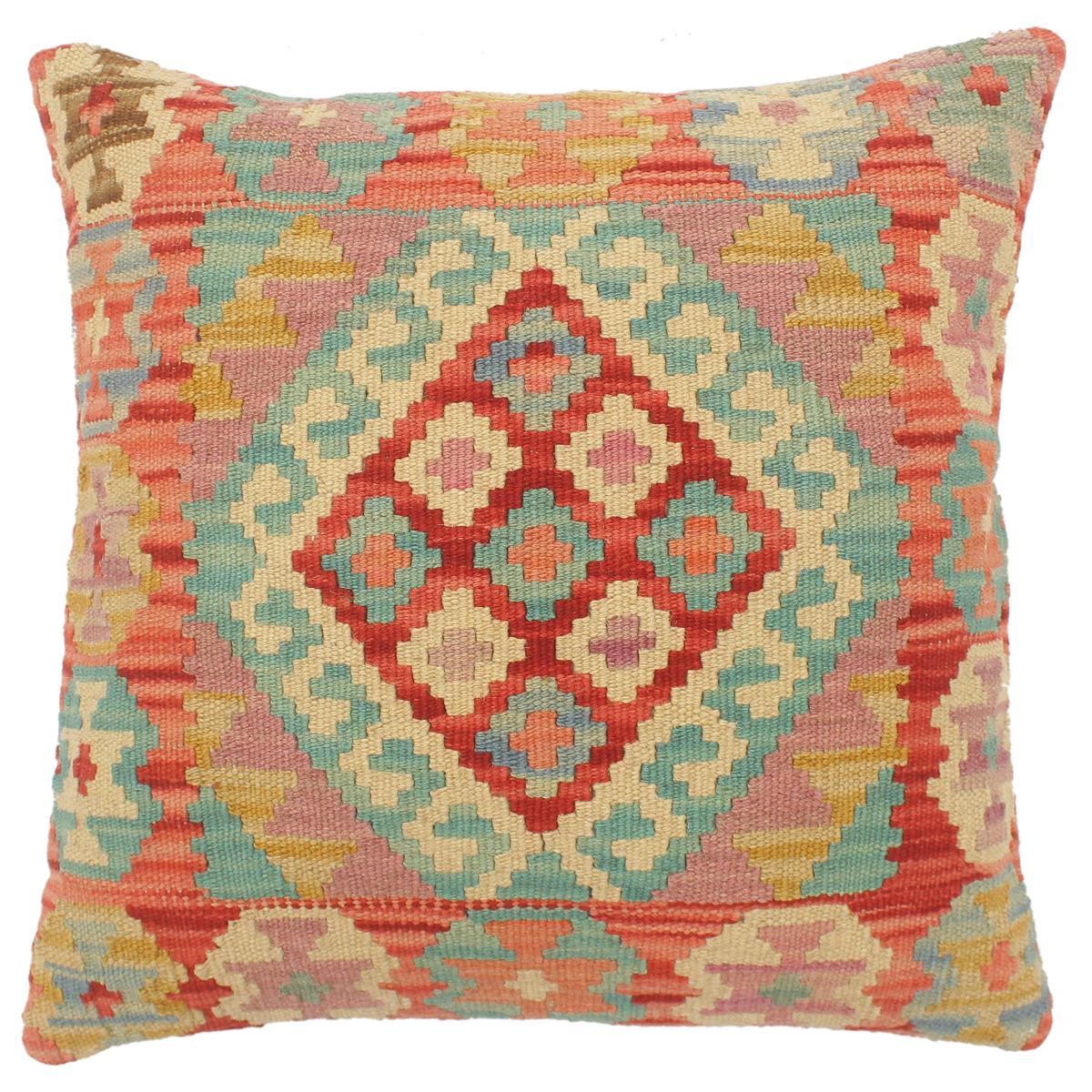 19x19 hand woven kilim throw pillow in blue, red and beige - Boho Chic Turkish Townsend