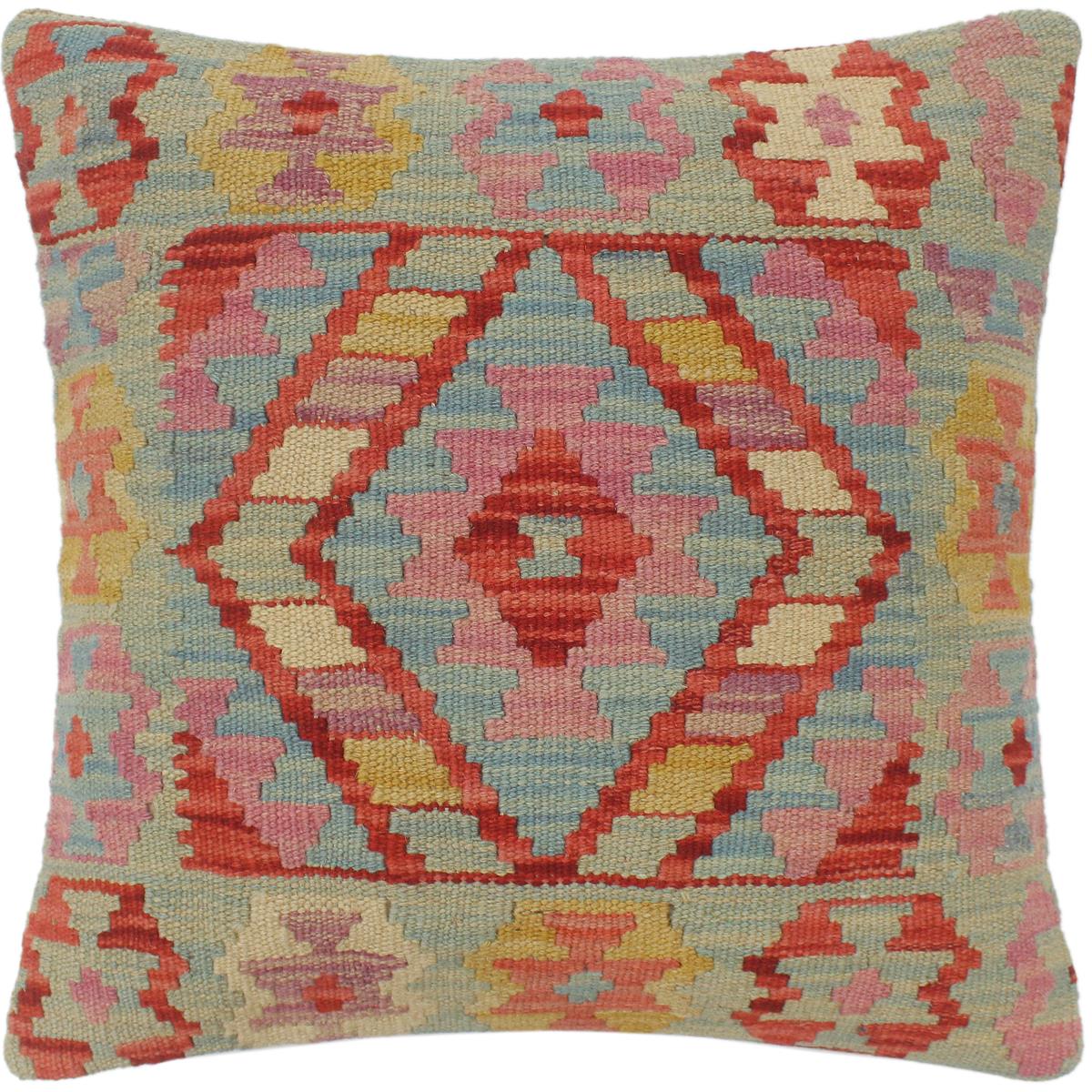18x18 hand woven kilim throw pillow in blue, red and pink - Boho Chic Turkish Cullen
