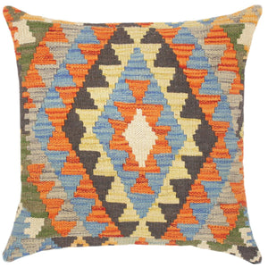 18x18 hand woven kilim throw pillow in rust, blue and gray - Shabby Chic Turkish Gregorio