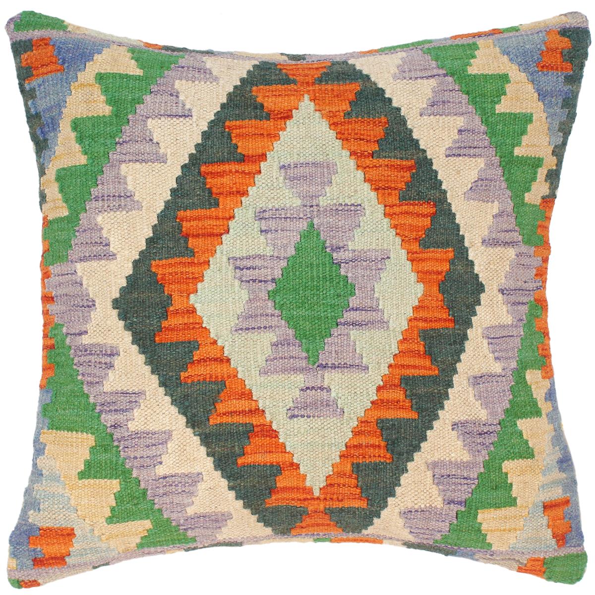 18x18 hand woven kilim throw pillow in rust, beige and blue - Geometric Turkish Janessa