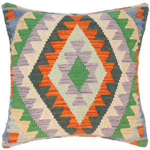 18x18 hand woven kilim throw pillow in rust, beige and blue - Geometric Turkish Janessa