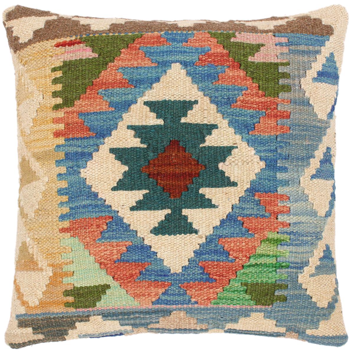 16x16 hand woven kilim throw pillow in blue, beige and teal - Bohemian Turkish Mikki