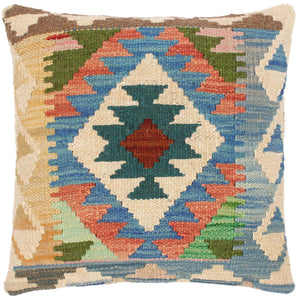 16x16 hand woven kilim throw pillow in blue, beige and teal - Bohemian Turkish Mikki