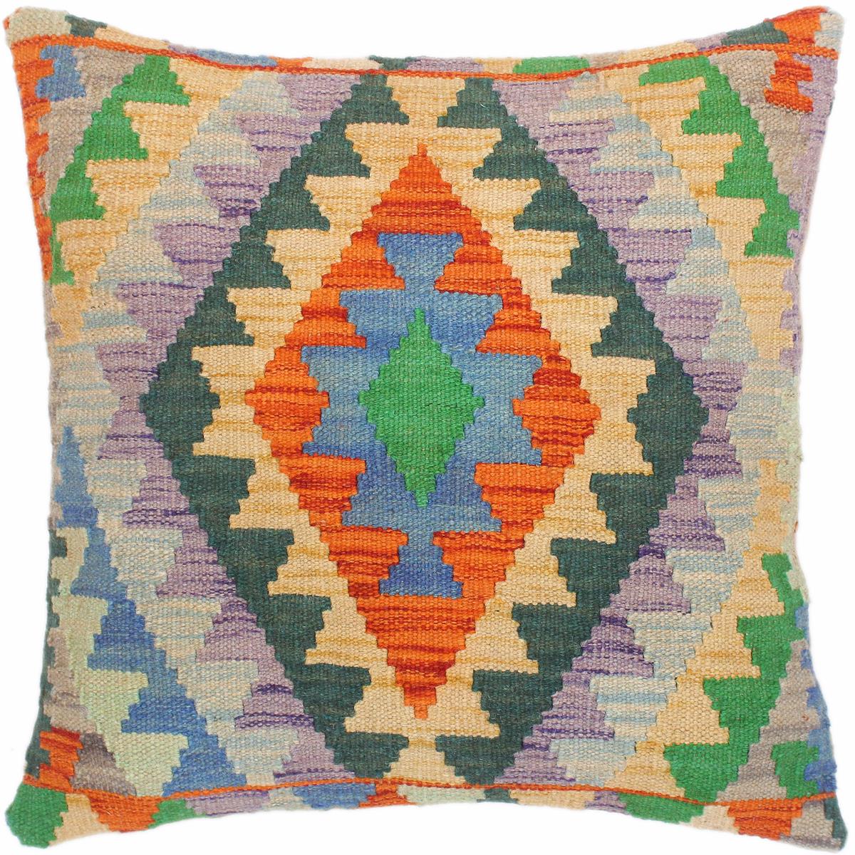 18x18 hand woven kilim throw pillow in rust, blue and gold - Rustic Turkish Georgett